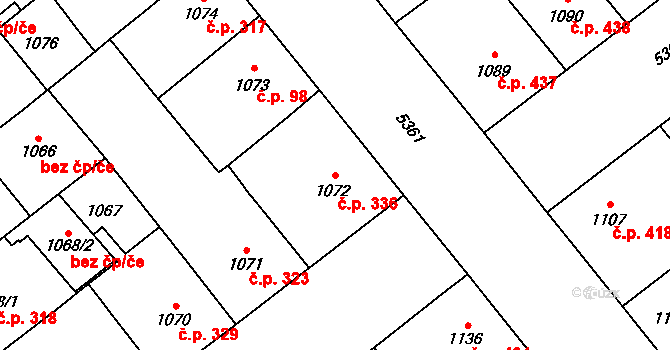 Východní Předměstí 336, Plzeň na parcele st. 1072 v KÚ Plzeň, Katastrální mapa