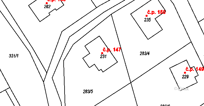 Jeníkov 147 na parcele st. 231 v KÚ Jeníkov u Hlinska, Katastrální mapa