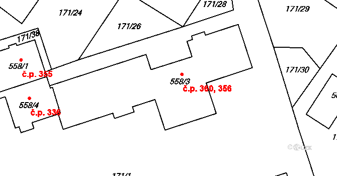 Budišov 356,360 na parcele st. 558/3 v KÚ Budišov, Katastrální mapa