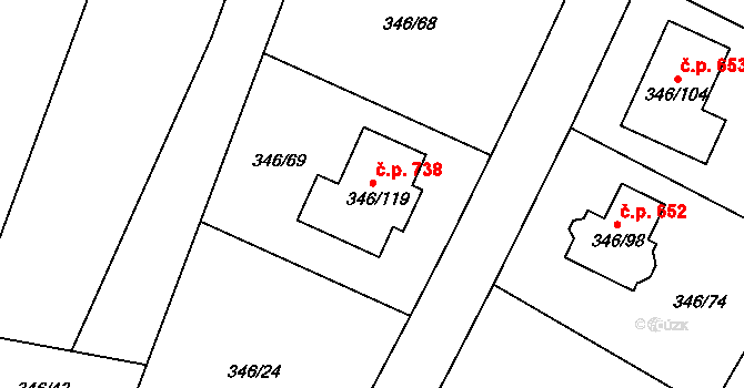 Kolovraty 738, Praha na parcele st. 346/119 v KÚ Kolovraty, Katastrální mapa