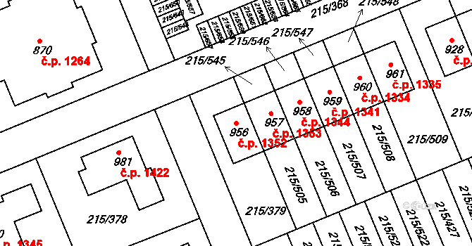 Rudná 1352 na parcele st. 956 v KÚ Hořelice, Katastrální mapa
