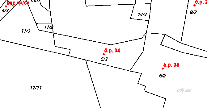 Šebáňovice 34, Vrchotovy Janovice na parcele st. 6/3 v KÚ Šebáňovice, Katastrální mapa