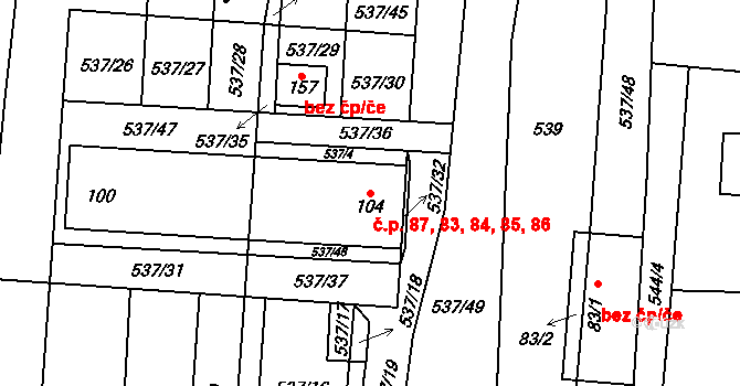 Branice 83,84,85,86,87 na parcele st. 104 v KÚ Branice, Katastrální mapa