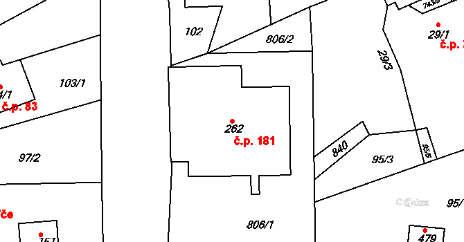 Škrdlovice 181 na parcele st. 262 v KÚ Škrdlovice, Katastrální mapa