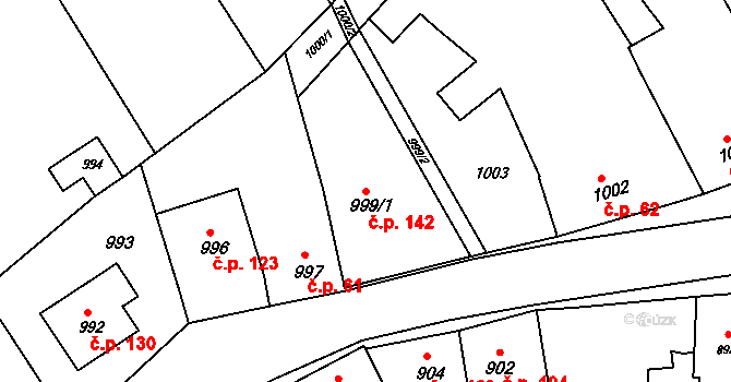 Pustiměřské Prusy 142, Pustiměř na parcele st. 999/1 v KÚ Pustiměř, Katastrální mapa