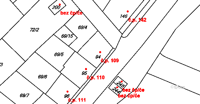Minice 109, Kralupy nad Vltavou na parcele st. 94 v KÚ Minice u Kralup nad Vltavou, Katastrální mapa