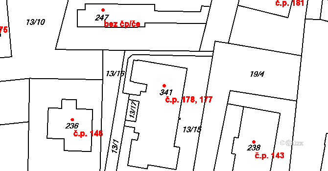 Černá za Bory 177,178, Pardubice na parcele st. 341 v KÚ Černá za Bory, Katastrální mapa