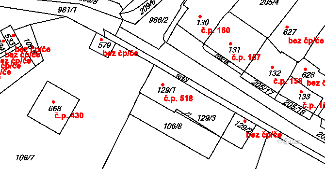 Žebrák 518 na parcele st. 129/1 v KÚ Žebrák, Katastrální mapa