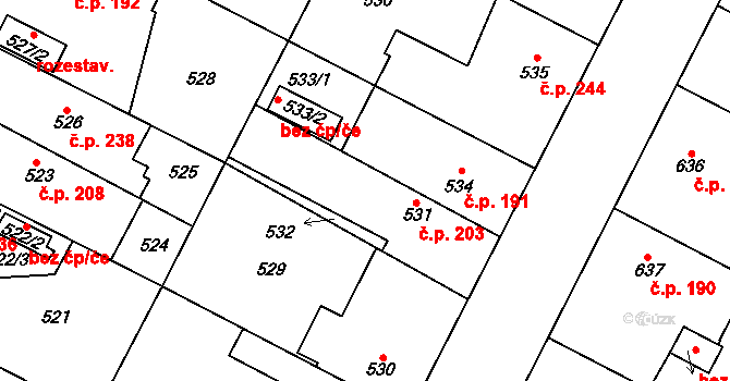 Zruč 203, Zruč-Senec na parcele st. 531 v KÚ Zruč, Katastrální mapa