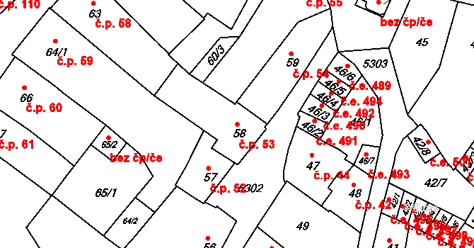 Znojmo 53 na parcele st. 58 v KÚ Znojmo-město, Katastrální mapa