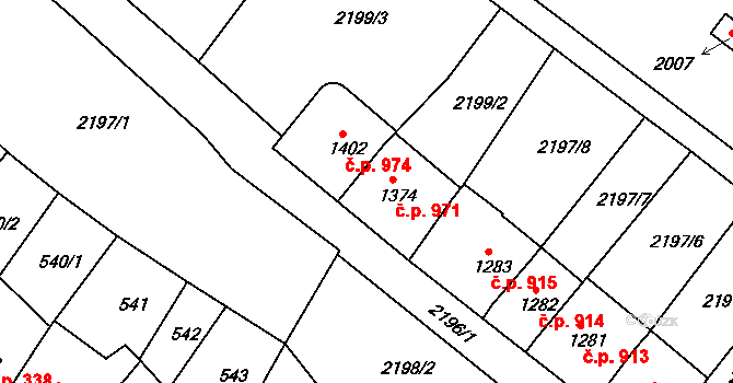 Jáchymov 971 na parcele st. 1374 v KÚ Jáchymov, Katastrální mapa