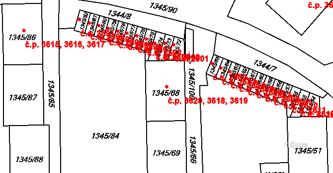 Jihlava 3618,3619,3620 na parcele st. 1345/68 v KÚ Jihlava, Katastrální mapa