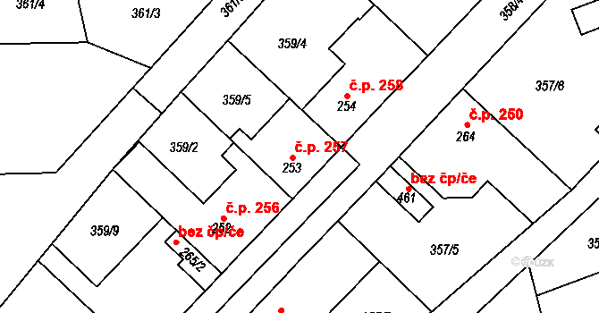 Jeneč 257 na parcele st. 253 v KÚ Jeneč u Prahy, Katastrální mapa