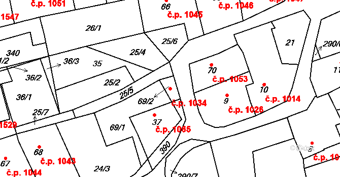 Švermov 1034, Kladno na parcele st. 69/1 v KÚ Hnidousy, Katastrální mapa