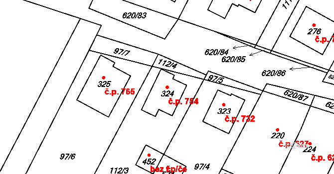 Chvalčov 754 na parcele st. 324 v KÚ Chvalčova Lhota, Katastrální mapa