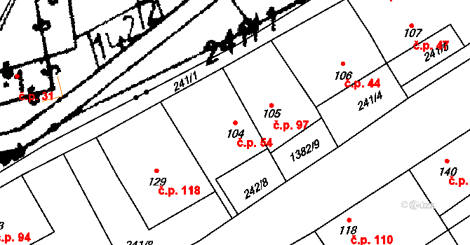 Libořice 54 na parcele st. 104 v KÚ Libořice, Katastrální mapa