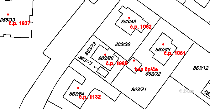 Pelhřimov 1989 na parcele st. 863/80 v KÚ Pelhřimov, Katastrální mapa