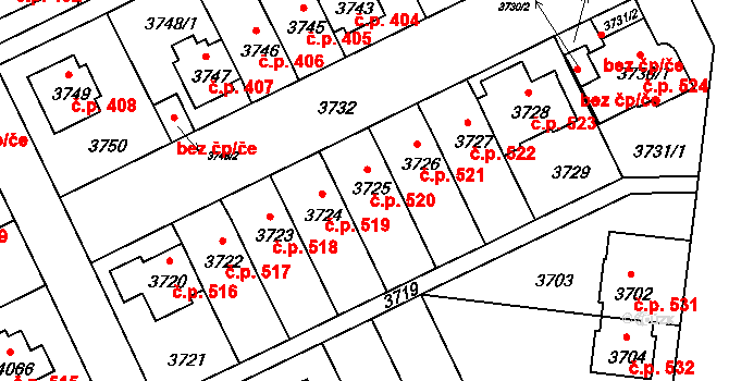 Záběhlice 520, Praha na parcele st. 3725 v KÚ Záběhlice, Katastrální mapa