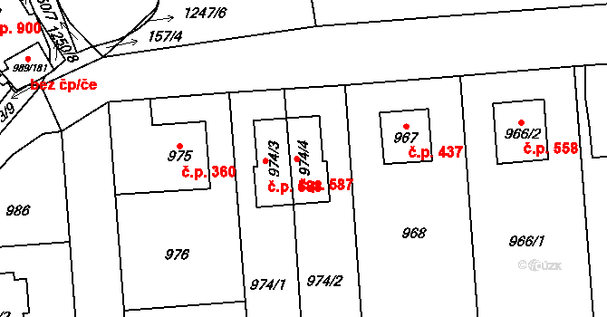 Nebušice 587, Praha na parcele st. 974/4 v KÚ Nebušice, Katastrální mapa