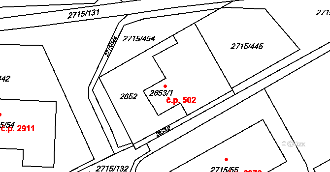 Hranice 502, Karviná na parcele st. 2653/1 v KÚ Karviná-město, Katastrální mapa