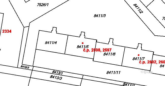 Jižní Předměstí 2597,2598, Plzeň na parcele st. 8411/4 v KÚ Plzeň, Katastrální mapa