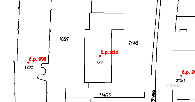 Lišov 834 na parcele st. 736 v KÚ Lišov, Katastrální mapa