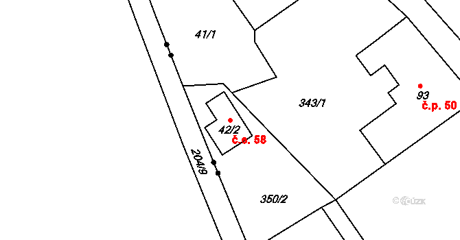 Rájec 58, Černava na parcele st. 42/2 v KÚ Rájec u Černavy, Katastrální mapa