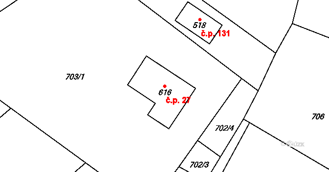 Halouny 27, Svinaře na parcele st. 616 v KÚ Svinaře, Katastrální mapa