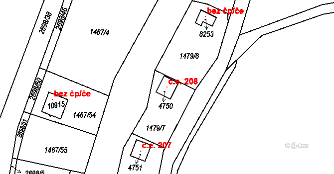 Bílé Předměstí 208, Pardubice na parcele st. 4750 v KÚ Pardubice, Katastrální mapa