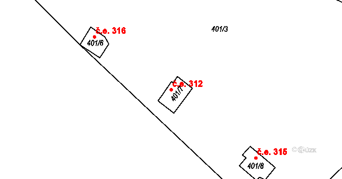 Skalsko 312, Pohoří na parcele st. 401/7 v KÚ Pohoří u Prahy, Katastrální mapa