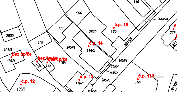 Tichov 14 na parcele st. 114/2 v KÚ Tichov, Katastrální mapa