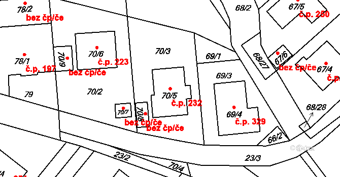 Chlebičov 232 na parcele st. 70/5 v KÚ Chlebičov, Katastrální mapa