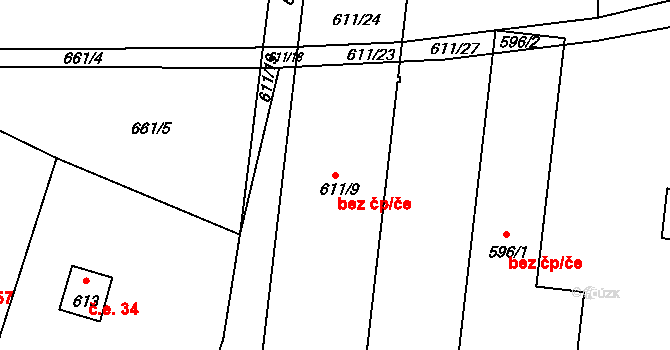 Divišov 45396906 na parcele st. 611/9 v KÚ Divišov u Benešova, Katastrální mapa