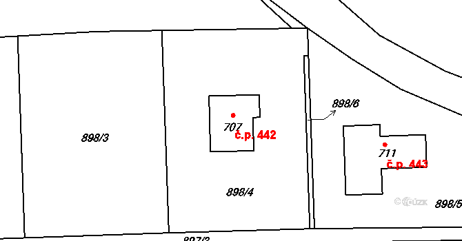 Lhenice 442 na parcele st. 707 v KÚ Lhenice, Katastrální mapa
