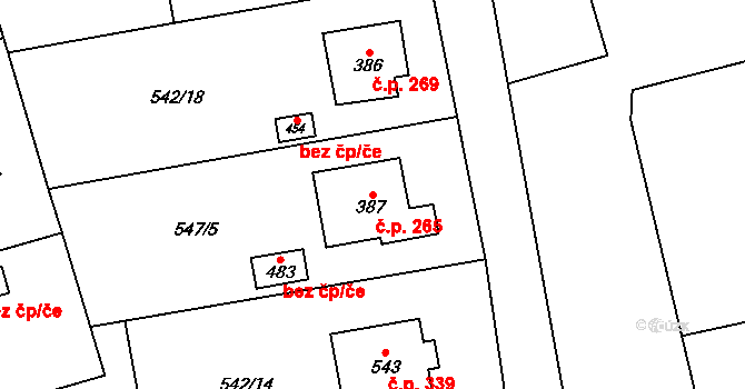 Dolní Beřkovice 265 na parcele st. 387 v KÚ Dolní Beřkovice, Katastrální mapa