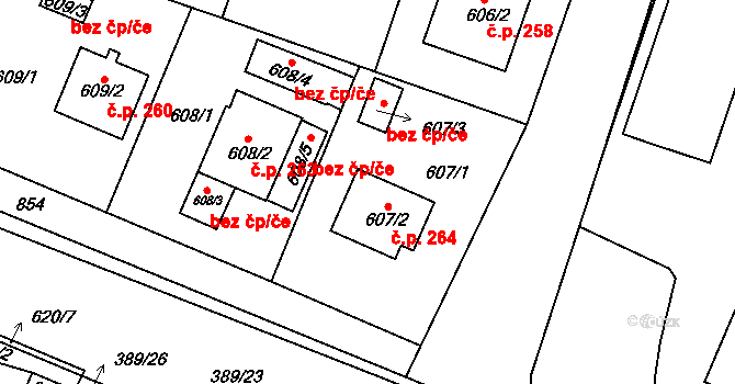 Kozolupy 264 na parcele st. 607/2 v KÚ Kozolupy u Plzně, Katastrální mapa