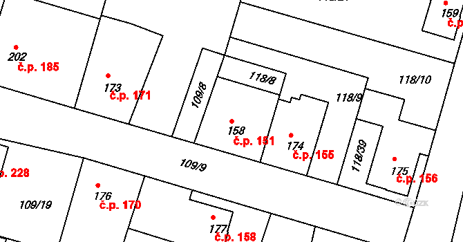 Břehy 151 na parcele st. 158 v KÚ Břehy, Katastrální mapa