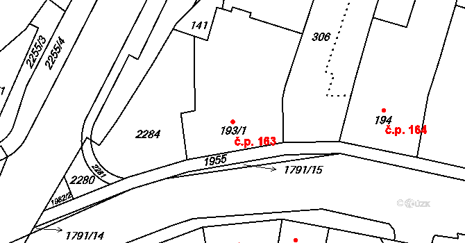 Přelouč 163 na parcele st. 193/1 v KÚ Přelouč, Katastrální mapa