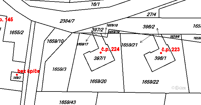 Lubenec 224 na parcele st. 397/1 v KÚ Lubenec, Katastrální mapa
