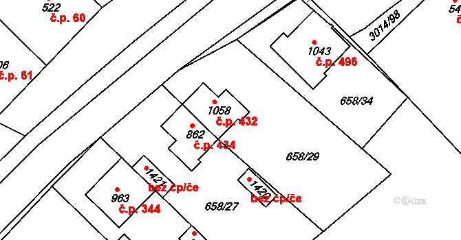 Březí 432 na parcele st. 1058 v KÚ Březí u Mikulova, Katastrální mapa