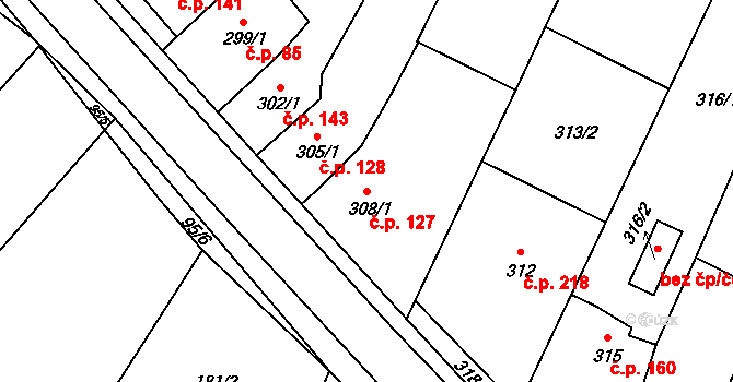 Rychlov 127, Bystřice pod Hostýnem na parcele st. 308/1 v KÚ Rychlov u Bystřice pod Hostýnem, Katastrální mapa