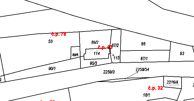 Velká 83, Milevsko na parcele st. 114 v KÚ Velká u Milevska, Katastrální mapa