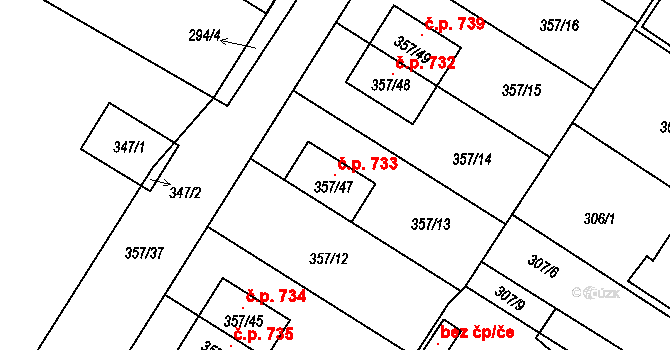 Satalice 733, Praha na parcele st. 357/47 v KÚ Satalice, Katastrální mapa