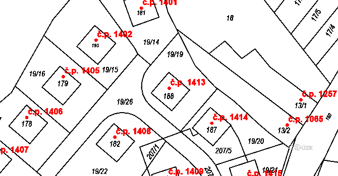 Litovel 1413 na parcele st. 188 v KÚ Chořelice, Katastrální mapa