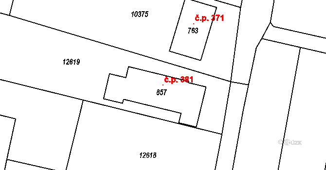 Hrabětice 381 na parcele st. 857 v KÚ Hrabětice, Katastrální mapa