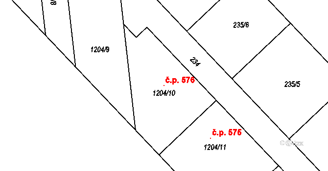 Bedihošť 576 na parcele st. 1204/10 v KÚ Bedihošť, Katastrální mapa