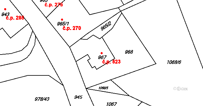 Doksy 523 na parcele st. 967 v KÚ Doksy u Máchova jezera, Katastrální mapa