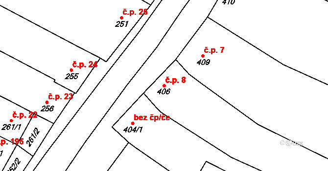Tetčice 8 na parcele st. 406 v KÚ Tetčice, Katastrální mapa