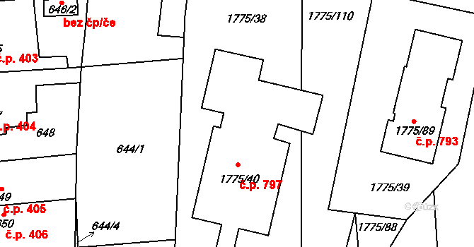 Kosmonosy 797 na parcele st. 1775/40 v KÚ Kosmonosy, Katastrální mapa