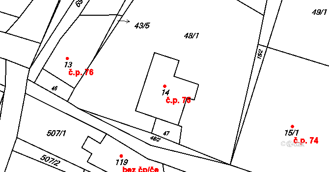 Šanov 75, Červená Voda na parcele st. 14 v KÚ Šanov u Červené Vody, Katastrální mapa